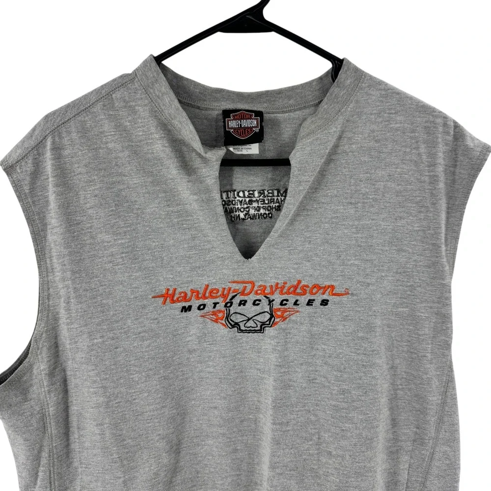 Harley-Davidson Mens Gray Embroidered Skull Muscle Tee Conway NH Size L‎